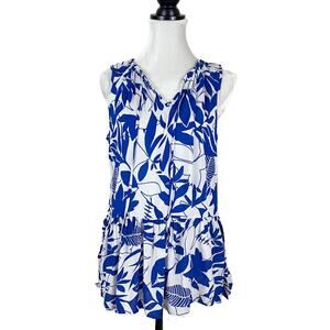 NWT Rachel Zoe Blue and White Tropical Print Sleeveless Peplum Blouse Size Small